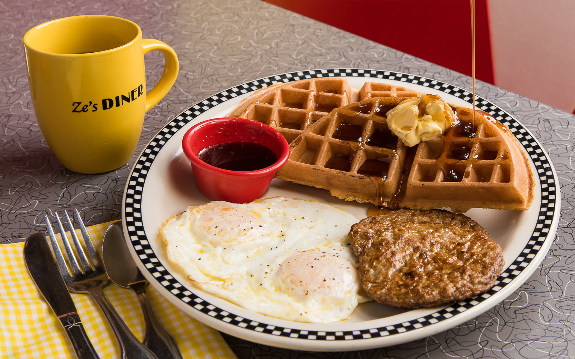 Eggs, Waffles, Sausage, Breakfast & Coffee